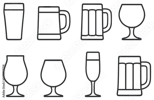 Drinks and glassware linear icon set. featuring beer mug, pint glass, wine glass, and champagne flute designs