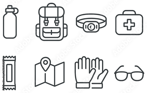 Outdoor adventures linear icon set. featuring water bottle, backpack, flashlight, first aid kit, energy bar, map, gloves, sunglasses