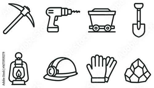 Mining tools linear icon set. featuring pickaxe, drill, cart, shovel, lantern, helmet, gloves, and ores