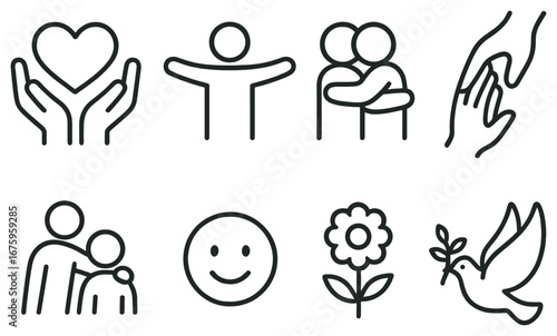 Charity and peace linear icons set. featuring heart, embrace, helping hand, family, smile, flower, and dove symbols