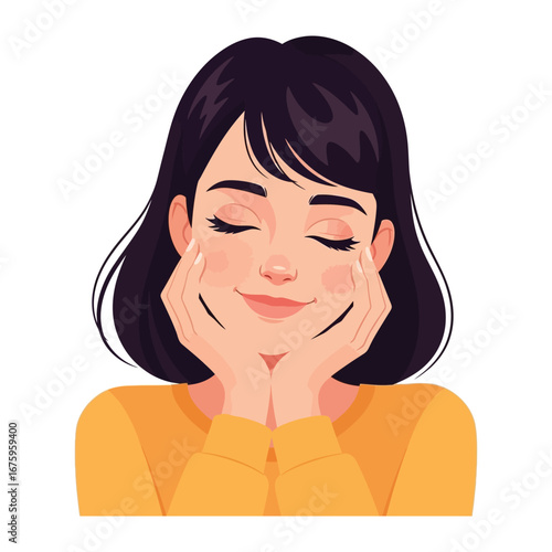 Dreamy Contemplation: A portrait of a woman, her eyes gently closed, and a soft smile gracing her lips, resting her face on her hands, evokes a sense of peaceful serenity.