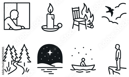 Melancholy theme linear icon set. featuring solitude, candle, loneliness, escape, journey, nature, and reflection.