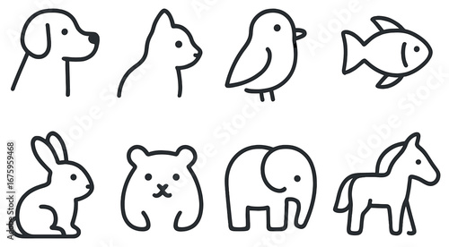 Animal linear icon set. featuring dog, cat, bird, fish, rabbit, bear, elephant, horse