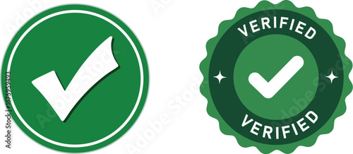 green check mark and verified badge icons for approval, authentication, trust, certification, and quality assurance graphics