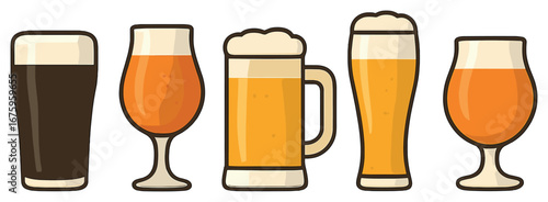Beer glasses flat icon set. featuring stout, tulip, mug, pilsner, and goblet symbols