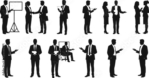 Business people silhouettes engaging in presentations, meetings, handshakes, conversations, discussions, teamwork, professional communication, collaboration