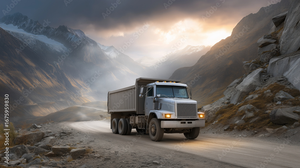 Obraz premium A truck unloads ore, the rugged scene illuminated by gentle light. Truck, mountains, with copy space