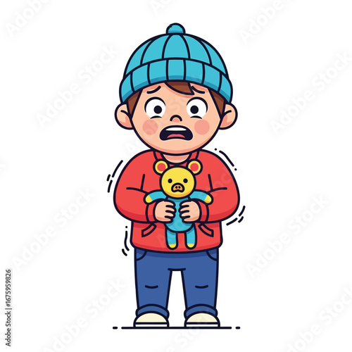 Anxious Boy with a Teddy Bear: A cartoon illustration of a young boy clutching a teddy bear, his expression a mixture of fear and worry, captured in vibrant colors that depict his apprehension