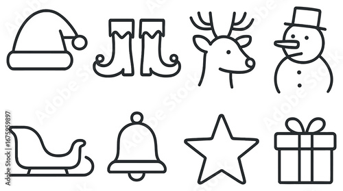 Christmas linear icon set. featuring santa hat, elf shoes, reindeer, snowman, sleigh, bell, star, and gift symbols