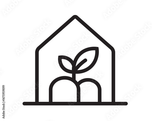Simple line art icon of a greenhouse with a potted plant inside.A flowerpot with flower plants. Macro of vegetable seedlings in a greenhouse community. Plants line art icon image outline vector line a