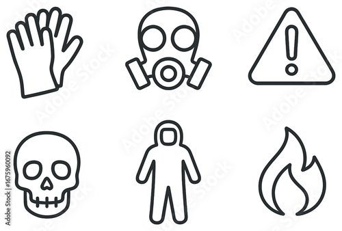 Safety warning 3d icon set. featuring gloves, gas mask, hazard, skull, protection suit, and fire symbols