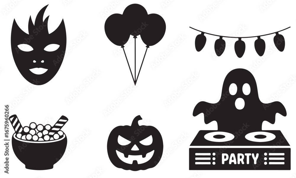 Fototapeta premium A halloween themed image featuring a mask balloons lights candy pumpkin and ghost dj silhouette art 100