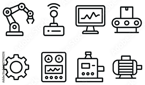 Industrial automation linear icon set. featuring robot arm, sensor, monitor, conveyor, gear, control panel, motor