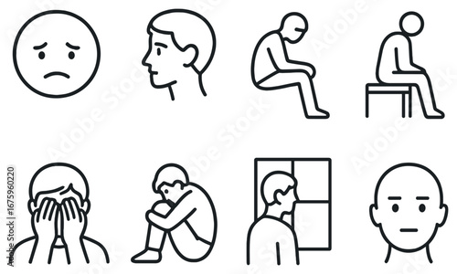 Mental health linear icon set. featuring sadness, anxiety, depression, isolation, stress, loneliness, contemplation symbols