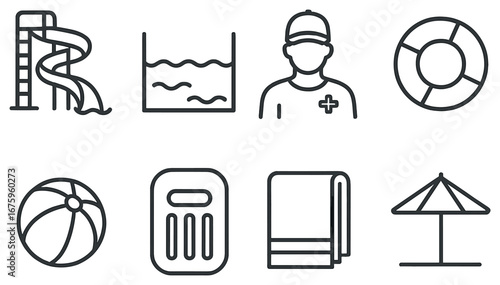 Swimming pool flat icon set. featuring slide, pool, lifeguard, lifebuoy, beach ball, float, towel, umbrella