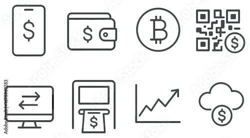 Finance linear icon set. featuring smartphone, wallet, bitcoin, qr code, monitor, atm, chart, and cloud symbols