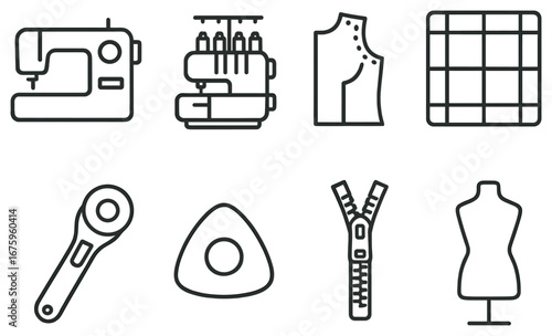 Sewing tools linear icon set. featuring sewing machine, serger, pattern, board, cutter, chalk, zipper, mannequin