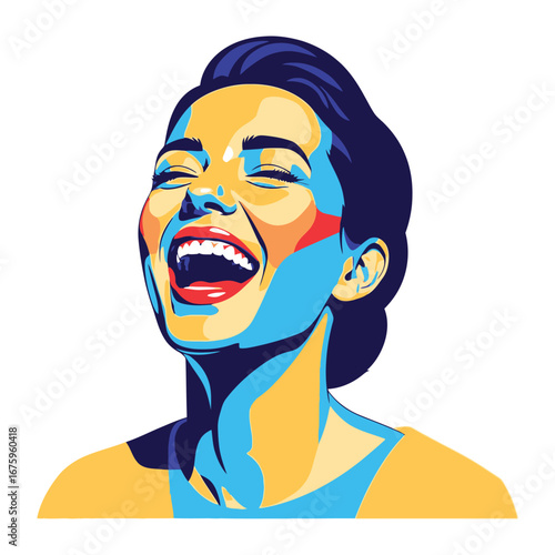 Joyful Portrait: A radiant woman, bathed in a spectrum of vibrant colors, bursts into uproarious laughter, capturing the sheer delight and freedom of the moment.