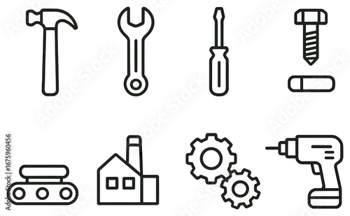 Construction tools linear icon set. featuring hammer, wrench, screwdriver, bolt, conveyor, factory, gears, and drill