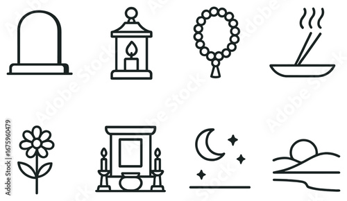 Memorial and spiritual linear icon set. featuring grave, lantern, beads, incense, flower, shrine, moon, landscape