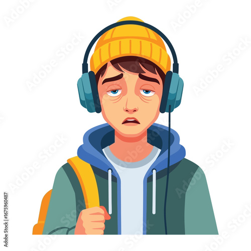 Weary Wanderer: A portrait of a young student, weighed down with a heavy backpack, stands with an exhausted and a tired look, wearing headphones and a yellow beanie.