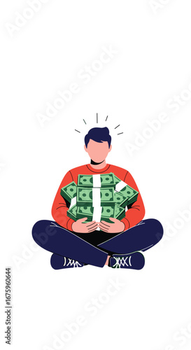 Man sitting cross legged holding many stacks of money feeling rich and happy