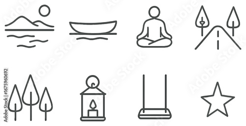 Nature and recreation linear icon set. featuring beach, boat, meditation, road, forest, lantern, swing, star