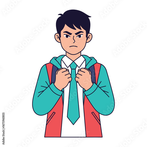 Furious Face Student: A cartoon of a young, stern-faced student clenching his fists, captured in vibrant, flat colors against a clean backdrop, illustrating the power of determination.