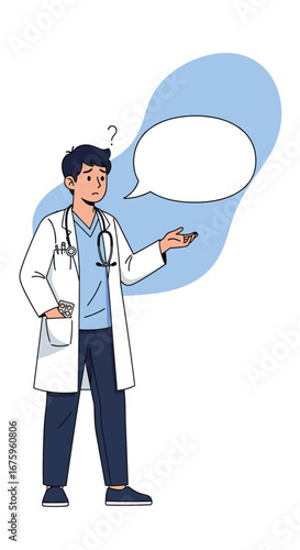 A confused doctor wearing a stethoscope and lab coat gestures with an open hand while a question mark hovers over their head with a blank speech bubble