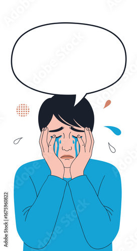 Man holding face crying tears of sadness and distress with a blank speech bubble