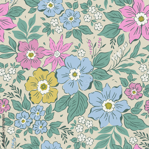 Wallpaper Mural Vintage seamless floral pattern. Liberty style background of small pastel blue and rose flowers. Small flowers scattered over a beige background. Stock vector for printing on surfaces. Gentle flowers. Torontodigital.ca