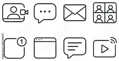 Communication linear icon set. featuring video call, chat, email, group chat, notification, browser, message, and video symbols