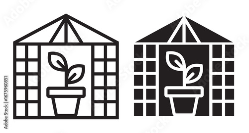 Simple line art icon of a greenhouse with a potted plant inside.A flowerpot with flower plants. Macro of vegetable seedlings in a greenhouse community. Plants line art icon image outline vector line a