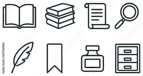 Writing and literature linear icon set. featuring book, stack of books, scroll, magnifying glass, feather, bookmark, ink bottle, file cabinet