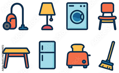Home appliances flat icon set. featuring vacuum, lamp, washing machine, chair, desk, fridge, toaster, broom