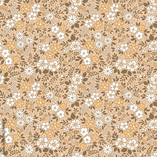 Seamless floral pattern, liberty ditsy print in cute girly style. Delicate botanical fabric, textile design of small hand drawn flowers, tiny leaves. Vector illustration beige background. Stock floral