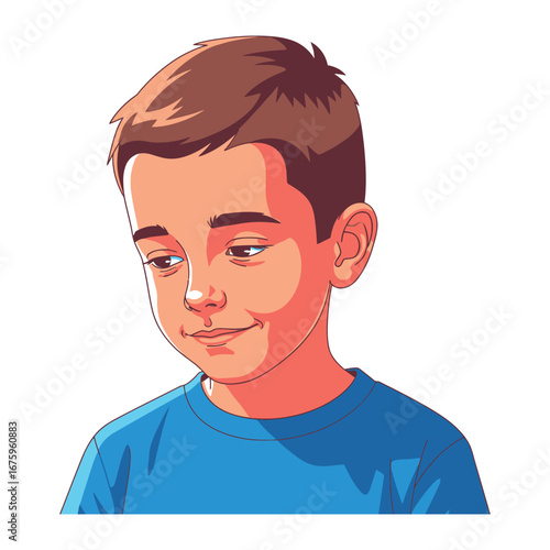 Young Boy: A charming illustration captures a young boy's serene expression, with a gentle smile and kind eyes that reflects a pure, innocent and happy spirit.
