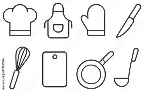 Kitchen tools linear icon set. featuring chef hat, apron, oven mitt, knife, whisk, cutting board, pan, ladle