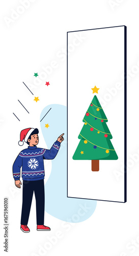 Young boy wearing festive sweater and santa hat interacting with a brightly decorated christmas tree display