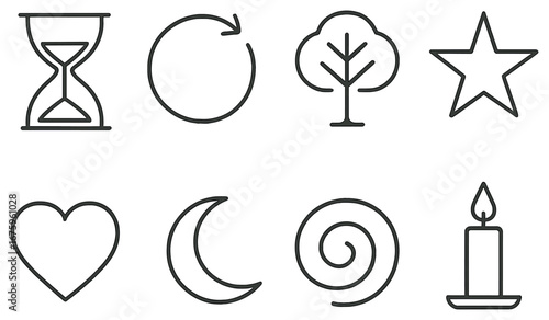 Nature and time linear icon set. featuring hourglass, refresh, tree, star, heart, moon, spiral, candle