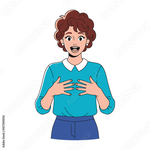 Smiling Woman: An illustration of a cheerful woman with open arms, radiating warmth and approachability. Perfect for portraying positivity and happiness.