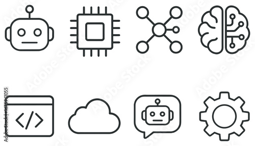 Technology linear icon set. featuring robot, microchip, network, brain, code, cloud, chatbot, and gear symbols