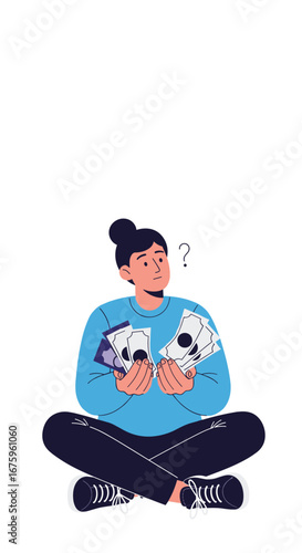 Person sitting cross-legged holding two hands full of playing cards thinking about decisions and choices