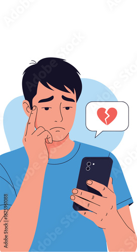 Young man feeling sad and heartbroken after receiving bad news on his smartphone