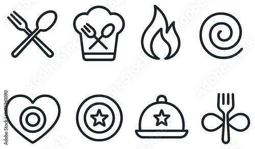 Cooking theme linear icon set. featuring utensils, chef hat, flame, swirl, heart, star, cloche, and fork symbols