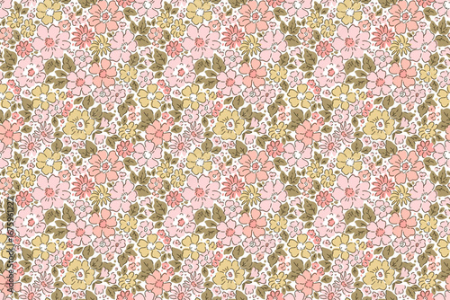 Beautiful floral pattern in small flowers. Small pastel pink, yellow and red flowers. White background. Ditsy print. Floral seamless background. Liberty template for fashion prints. Stock flowers prin