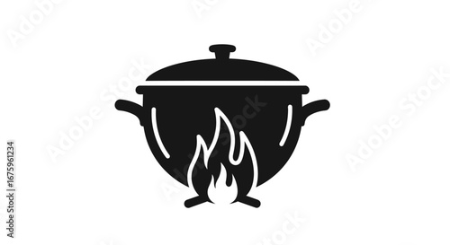 Black Silhouette of a Cooking Pot with Flames.