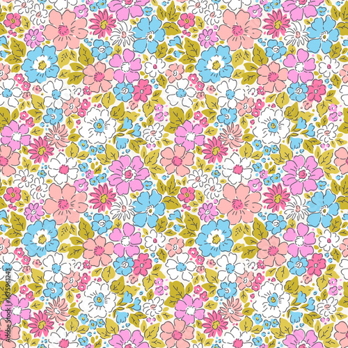Liberty seamless floral pattern. Ditsy style background of small pastel flowers. Small blooming daisy flowers scattered over a white background. Stock vector for printing on surfaces and web design.
