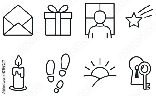 Celebration and personal linear icon set. featuring email, gift, portrait, star, candle, footprints, sunrise, key