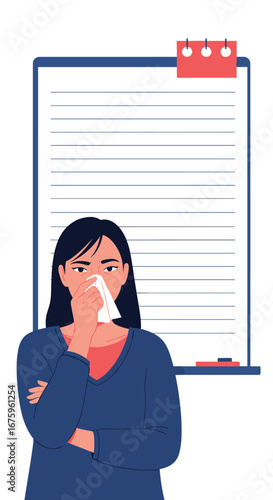 Woman suffering from cold symptoms and feeling unwell standing near whiteboard with notes